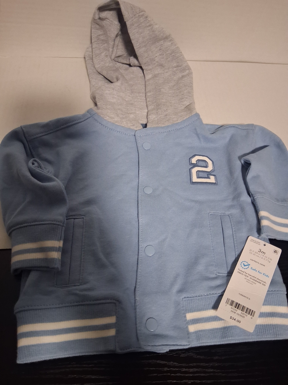 New Carter's Light Blue Hooded Snap Jacket with Gray Hood and Number Patch